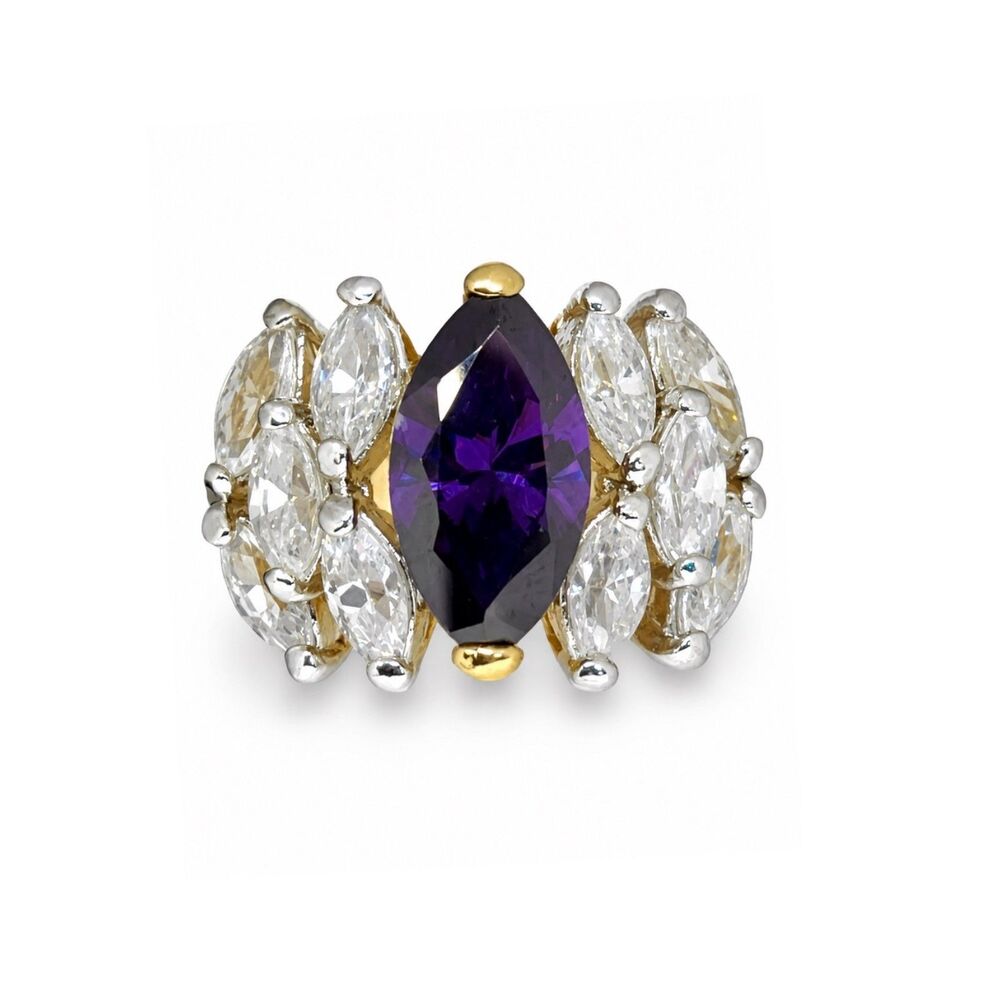 Vintage 1980s Ring Size 7 Purple CZ Marquise Cluster Gold Plated Cocktail - 14Z